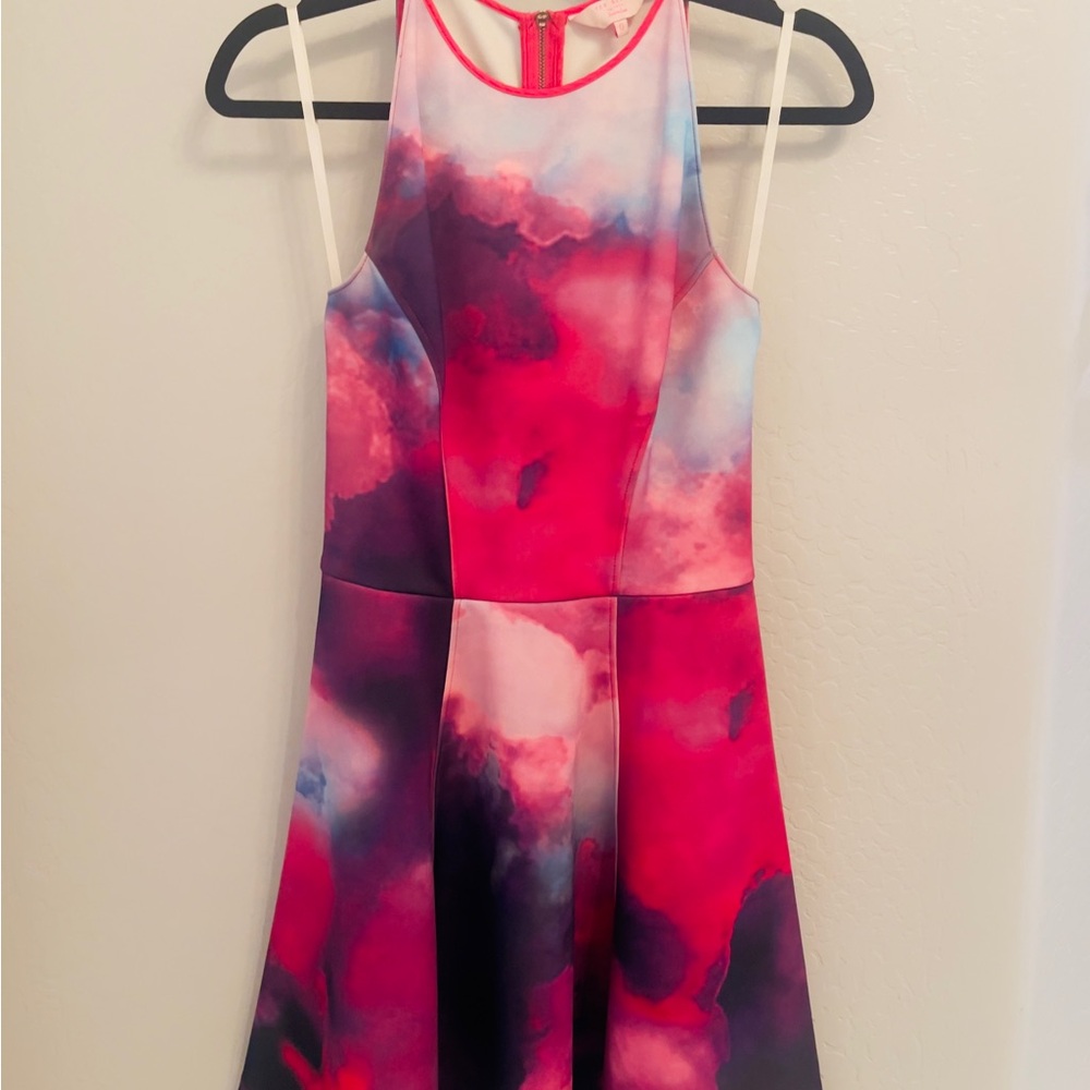 Ted Baker London Nim Summer at Dusk Skater Scuba Mini Dress Cutaway Shoulder 0